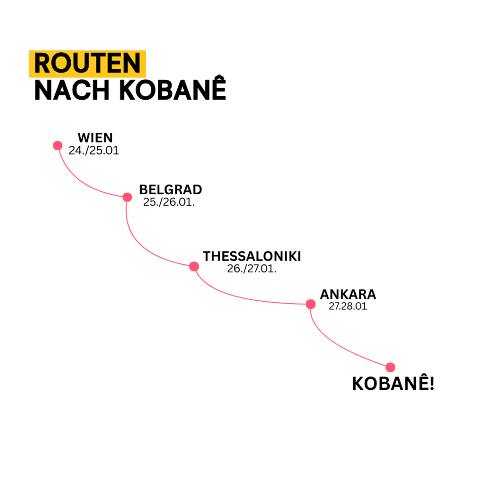 Sharepic der Route: eine Liste von Städten, die durch Punkte marktiert sind und mit geschwungenen Linien verbunden sind markieren die Route nach Kobane.